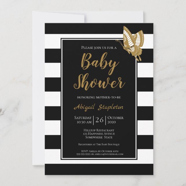 Invitación Baby Shower blanco negro y dorado (Anverso)