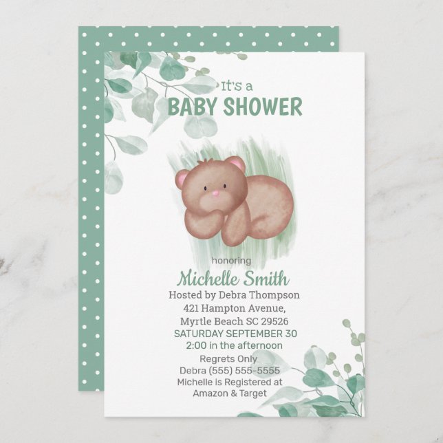 Invitación Baby Shower blanco verde de oso lindo (Anverso / Reverso)