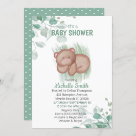 Invitación Baby Shower blanco verde de oso lindo