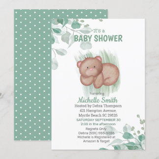 Invitación Baby Shower blanco verde de oso lindo