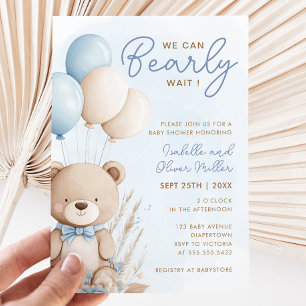 Invitación Baby Shower blanco y azul neutro de espera tempran