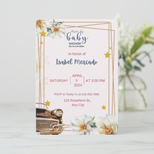 Invitación Baby Shower blanco y dorado (Anverso de pie)