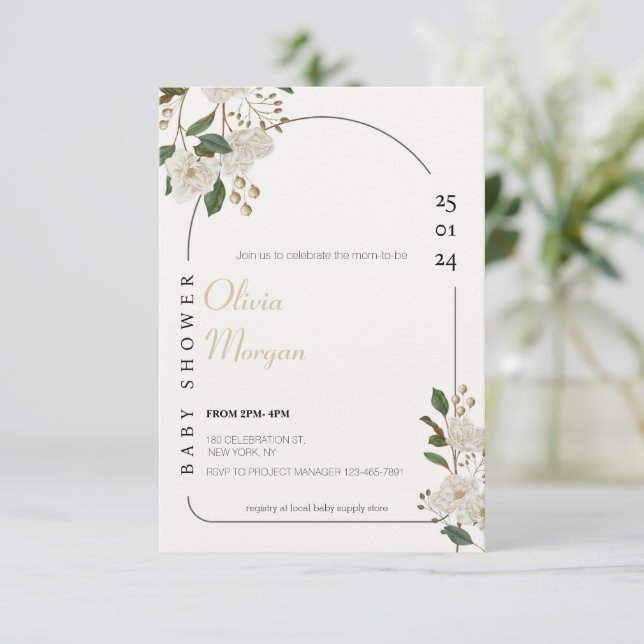 Invitación Baby Shower blanco y marrón simple y suave floral (Anverso de pie)