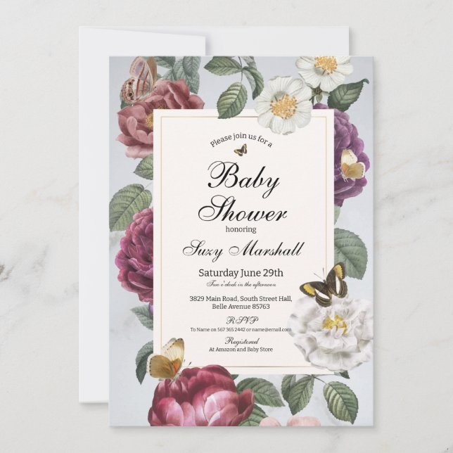 Invitación Baby Shower Bloom Butterfly Floral Vintage (Anverso)