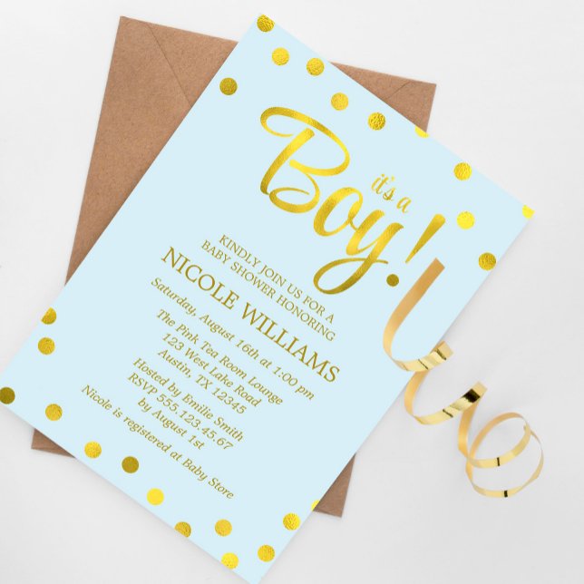 Invitación Baby Shower Blue and Faux Gold Confetti Boy (Subido por el creador)