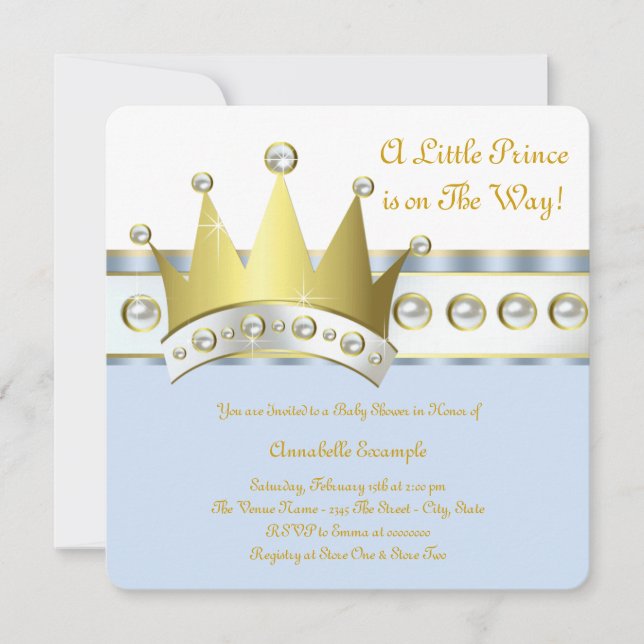 Invitación Baby Shower Blue and Gold Prince (Anverso)