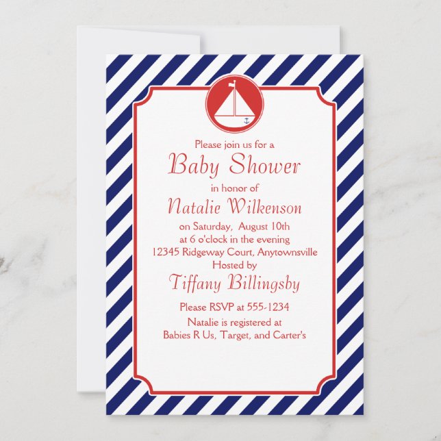Invitación Baby Shower Blue and Red Sailboat (Anverso)