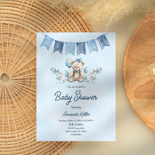 Invitación Baby Shower Blue Baby Bear y Balloons