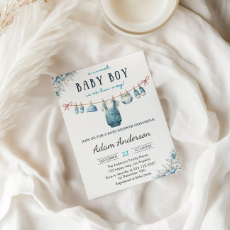 Invitación Baby Shower Blue Baby Boy Clothesline