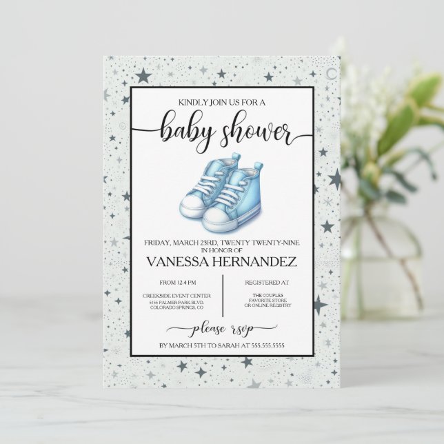 Invitación Baby Shower Blue Baby High Tops (Anverso de pie)