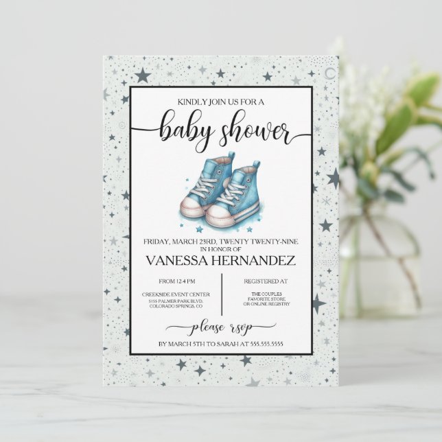 Invitación Baby Shower Blue Baby High Tops (Anverso de pie)