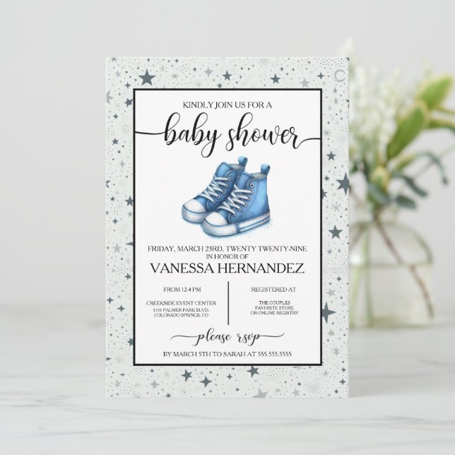 Invitación Baby Shower Blue Baby High Tops (Anverso de pie)