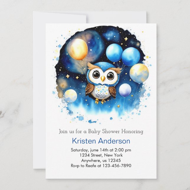 Invitación Baby Shower Blue Balloon Adventure Owl (Anverso)