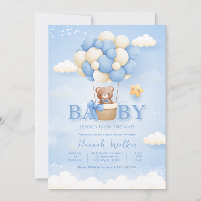 Invitación Baby Shower Blue Balloon Bear (Anverso)
