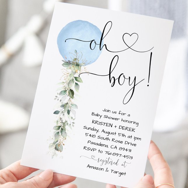 Invitación Baby Shower Blue Balloon Greenery (Subido por el creador)