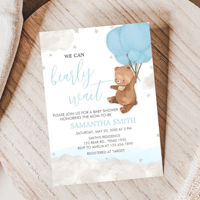 Invitación Baby Shower Blue Bearly Wait (Blue Bearly Wait Balloon Baby Shower Invitation
)