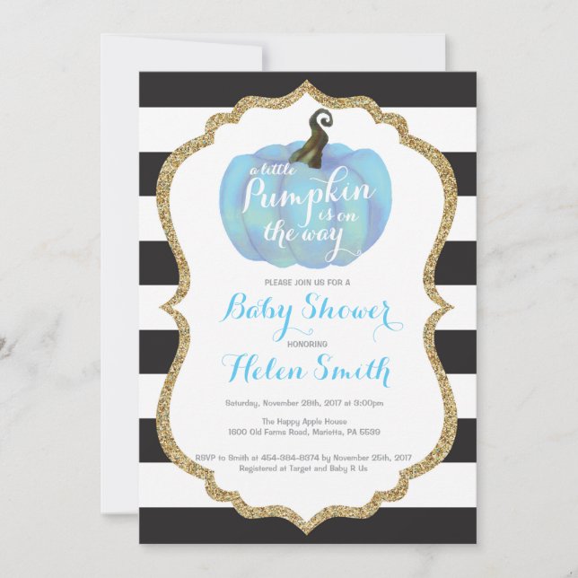 Invitación Baby Shower Blue Black and Gold Pumpkin Boy (Anverso)