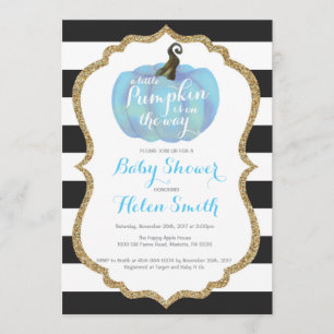 Invitación Baby Shower Blue Black and Gold Pumpkin Boy
