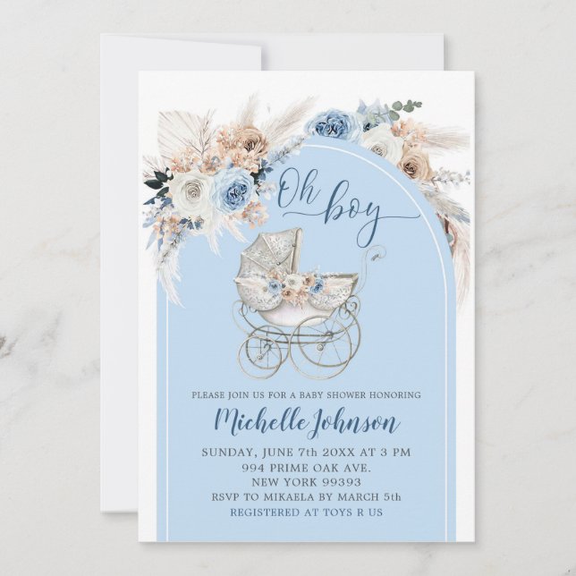 Invitación Baby Shower Blue Boho Floral Stroller Boy (Anverso)