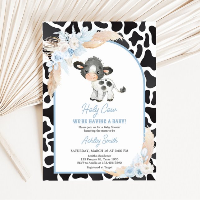Invitación Baby Shower Blue Boho Highland Cow (Bohemian Floral Farm Baby Shower Invitation)