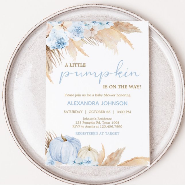 Invitación Baby Shower Blue Boho Pumpkin (Blue Little Pumpkin Baby Shower Invitation)