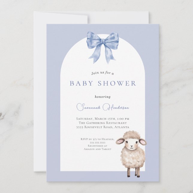 Invitación Baby Shower Blue Bow Animal Lamb (Anverso)