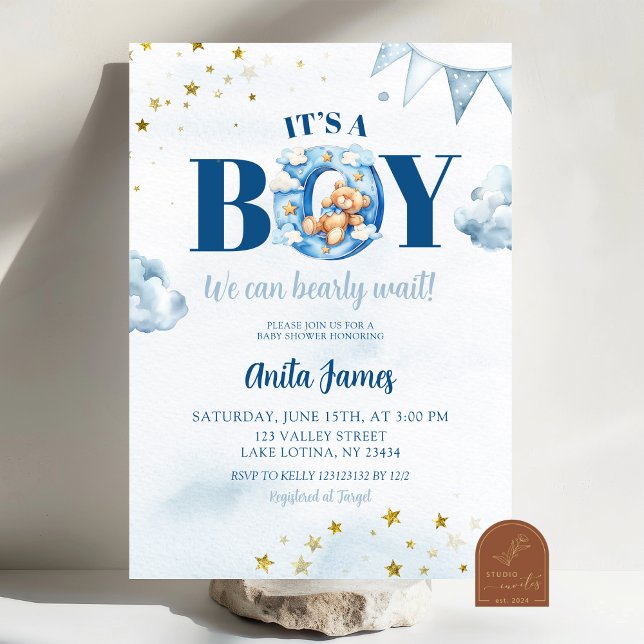 Invitación Baby Shower Blue Boy Bearly Wait (Subido por el creador)