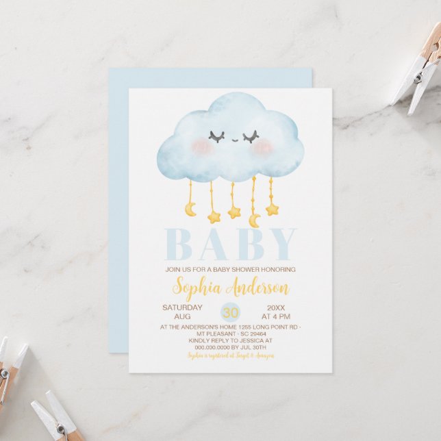 Invitación Baby Shower Blue Cloud Boy (Anverso/Reverso In Situ)