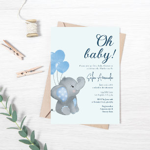 Invitación Baby Shower Blue Cute Baby Elephant