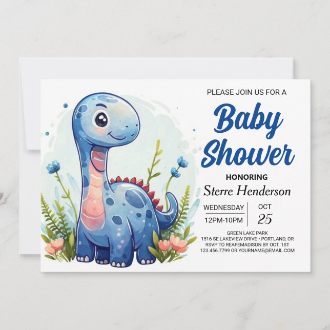 Invitación Baby Shower Blue Cute Digital Dinosaur Boy (Anverso)