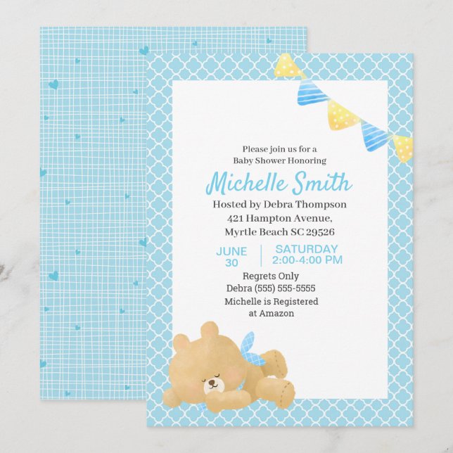 Invitación Baby Shower Blue Cute Teddy Bear Boy (Anverso / Reverso)