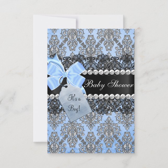 Invitación Baby Shower Blue Damask & Bow Boy (Anverso)