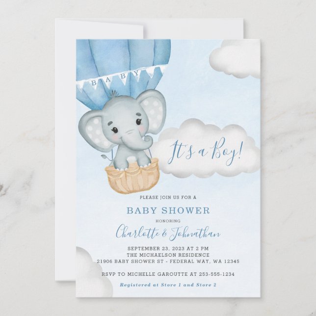Invitación Baby Shower Blue Elephant Balloon Boy (Anverso)