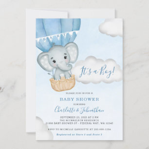 Invitación Baby Shower Blue Elephant Balloon Boy