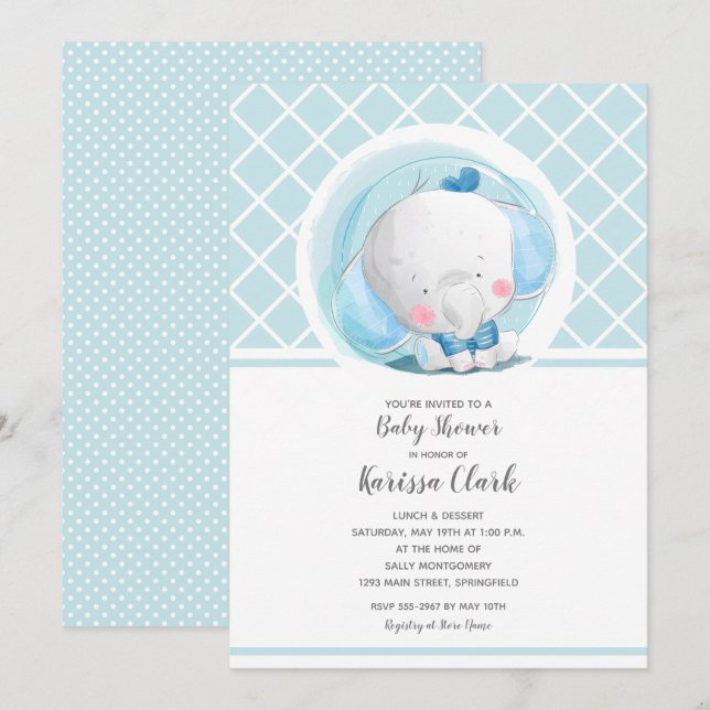 Invitación Baby Shower Blue Elephant Boy (Anverso / Reverso)