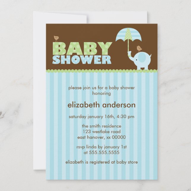 Invitación Baby Shower Blue Elephant Boy (Anverso)