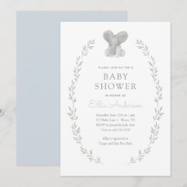 Invitación Baby Shower Blue Elephant Greenery Boy
