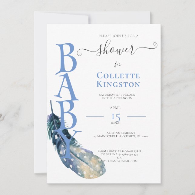 Invitación BABY SHOWER BLUE FEATHY BOY (Anverso)