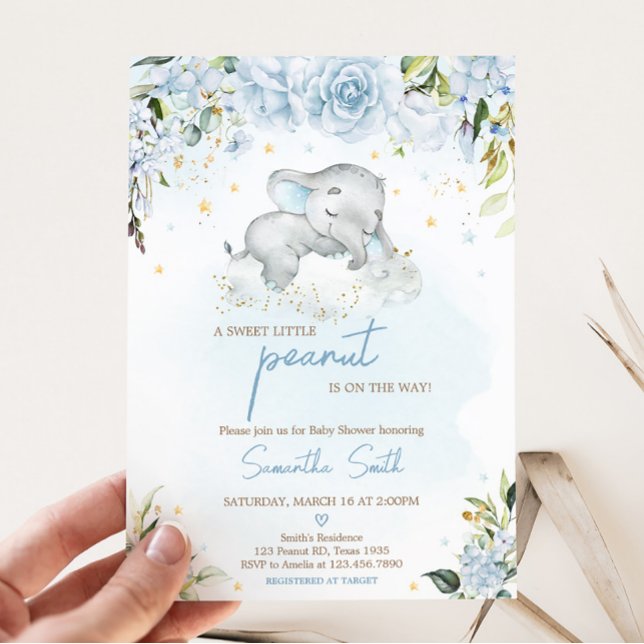 Invitación Baby Shower Blue Floral Elephant (Blue Floral Sleeping Elephant Baby Shower Invitation)