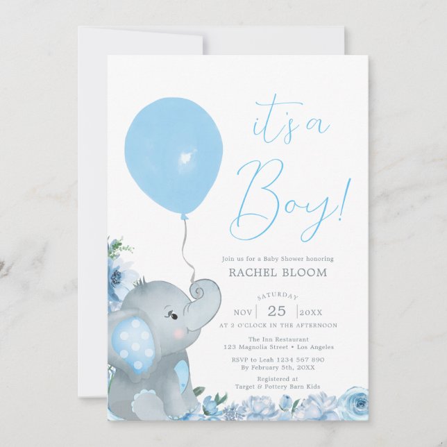 Invitación Baby Shower Blue Floral Elephant Boy (Anverso)