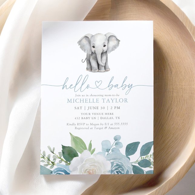 Invitación Baby Shower Blue Floral Elephant Boy (Subido por el creador)