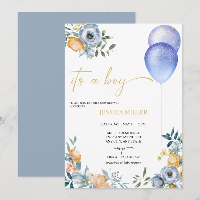 Invitación Baby Shower Blue Floral | Es un chico (Anverso / Reverso)