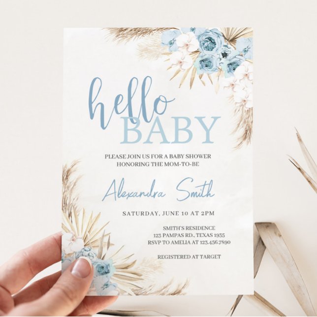 Invitación Baby Shower Blue Floral Pampas Grass (Floral Pampas Grass Baby Shower Invitation)