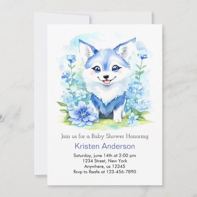 Invitación Baby Shower Blue Floral Wolf Boy (Anverso)