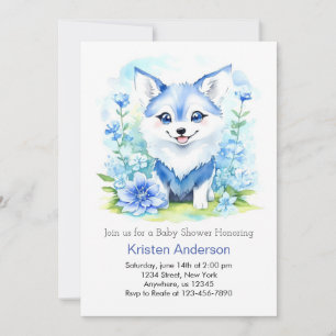 Invitación Baby Shower Blue Floral Wolf Boy