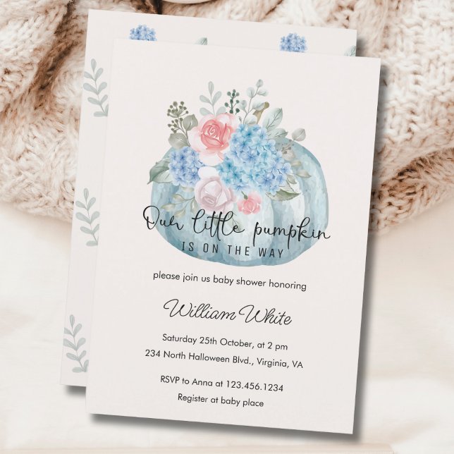 Invitación Baby Shower Blue Flower Pumpkin Halloween Fall (Blue Flower Pumpkin Halloween Fall Baby Shower Invitation)