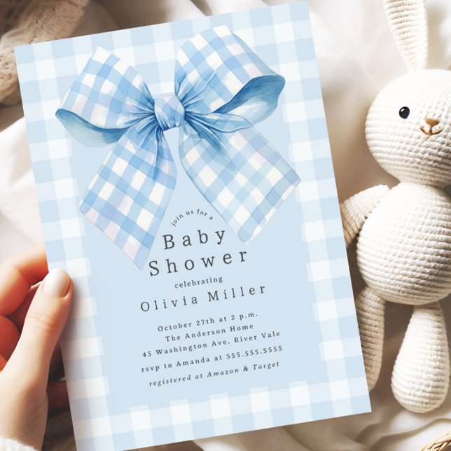 Invitación Baby Shower Blue Gingham Bow (Subido por el creador)