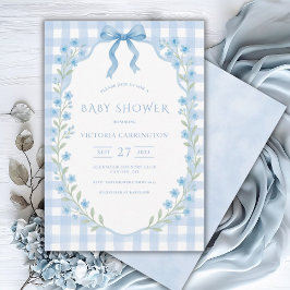 Invitación Baby Shower Blue Gingham Floral Vintage