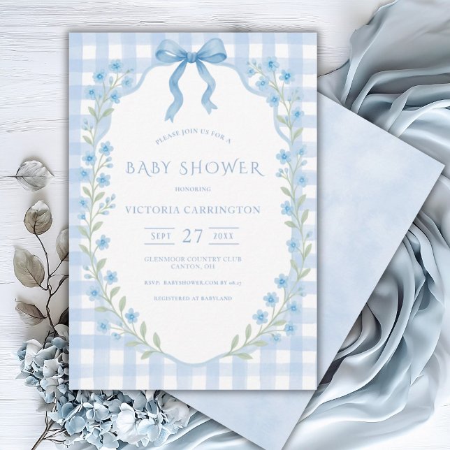 Invitación Baby Shower Blue Gingham Floral Vintage (Subido por el creador)