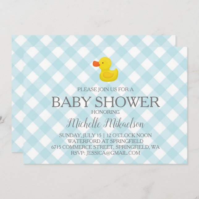 Invitación Baby Shower Blue Gingham Rubber Duckie (Anverso / Reverso)